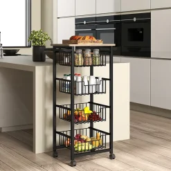 Desserte cuisine 4 paniers 4 roulettes pivotantes poignée acier noir plateau effet bois