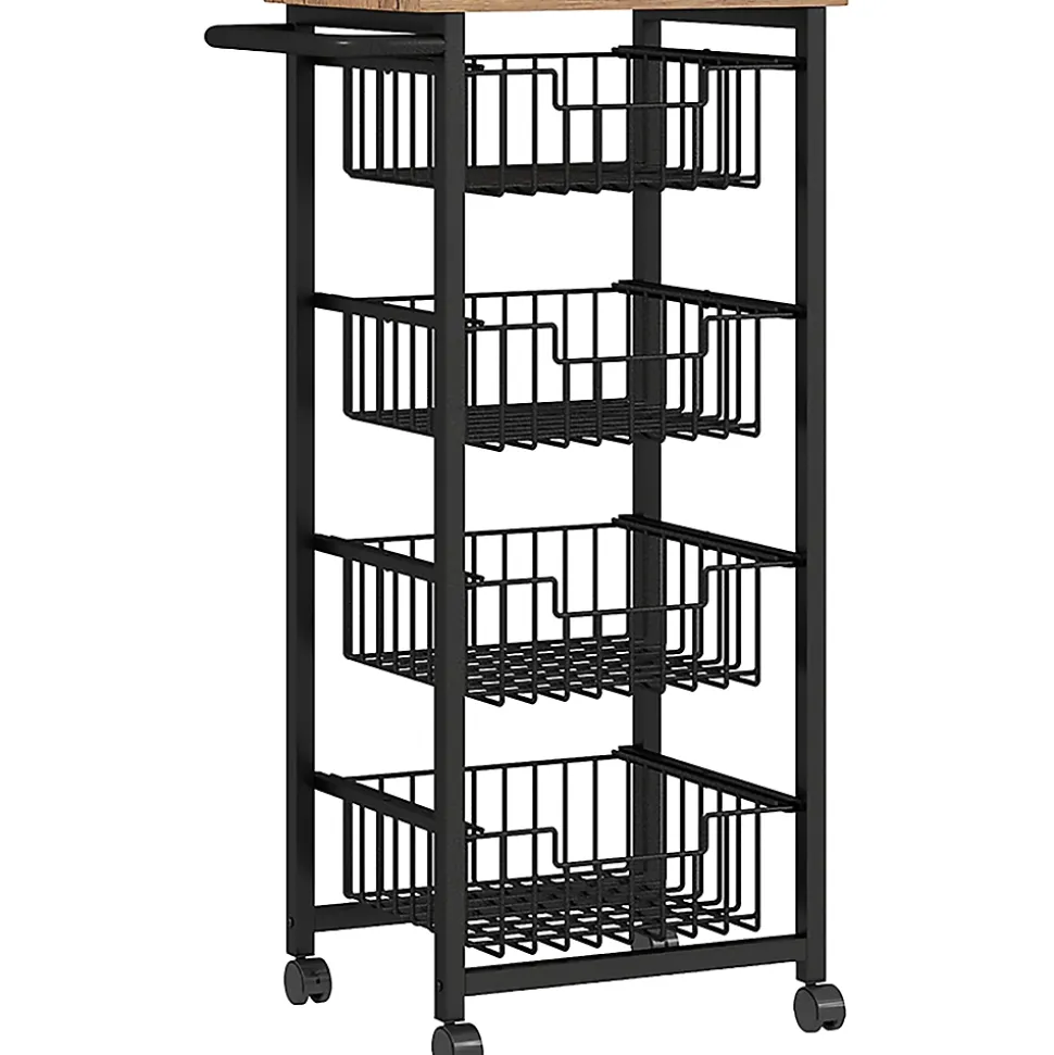 Desserte cuisine 4 paniers 4 roulettes pivotantes poignée acier noir plateau effet bois