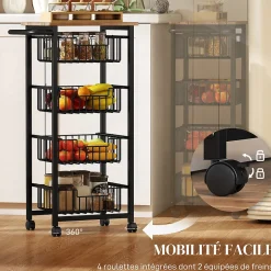 Desserte cuisine 4 paniers 4 roulettes pivotantes poignée acier noir plateau effet bois