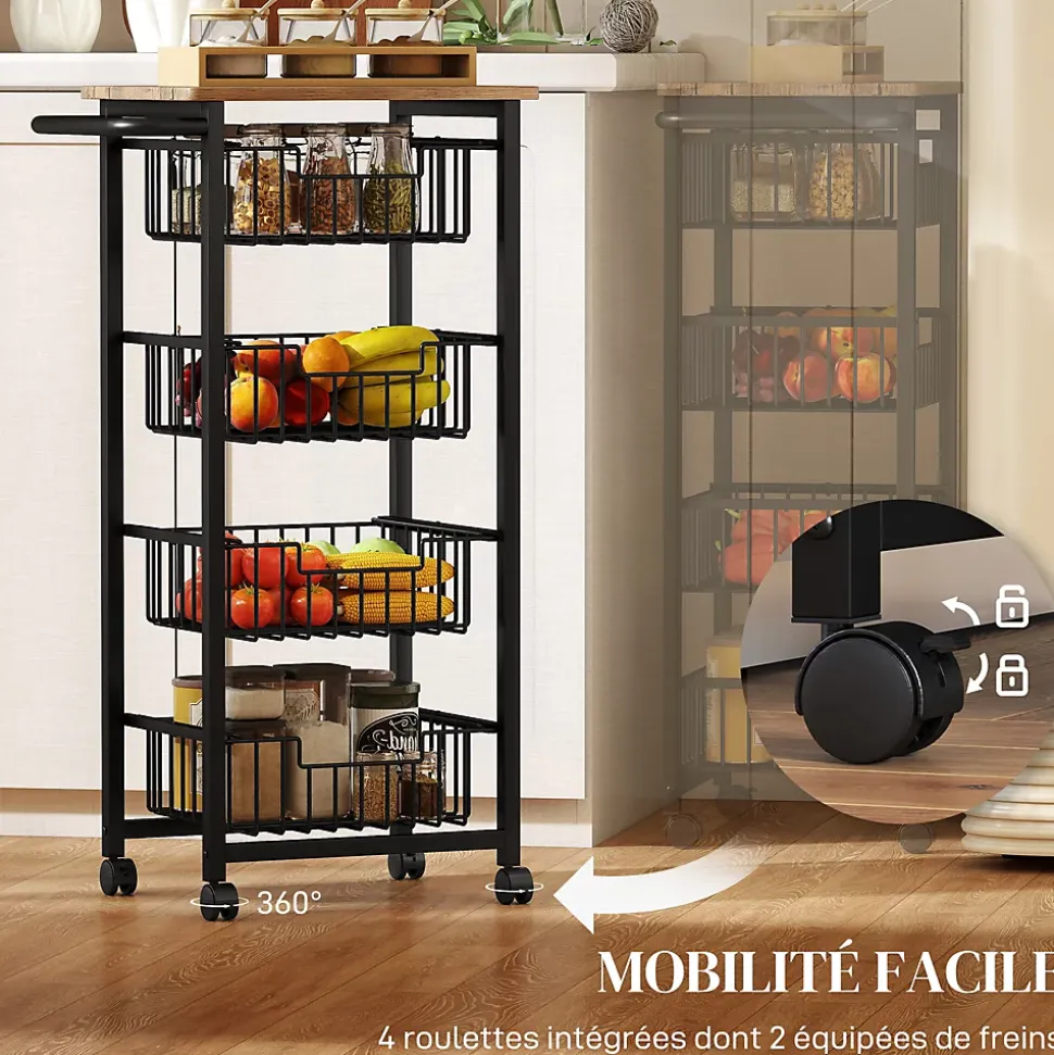 Desserte cuisine 4 paniers 4 roulettes pivotantes poignée acier noir plateau effet bois