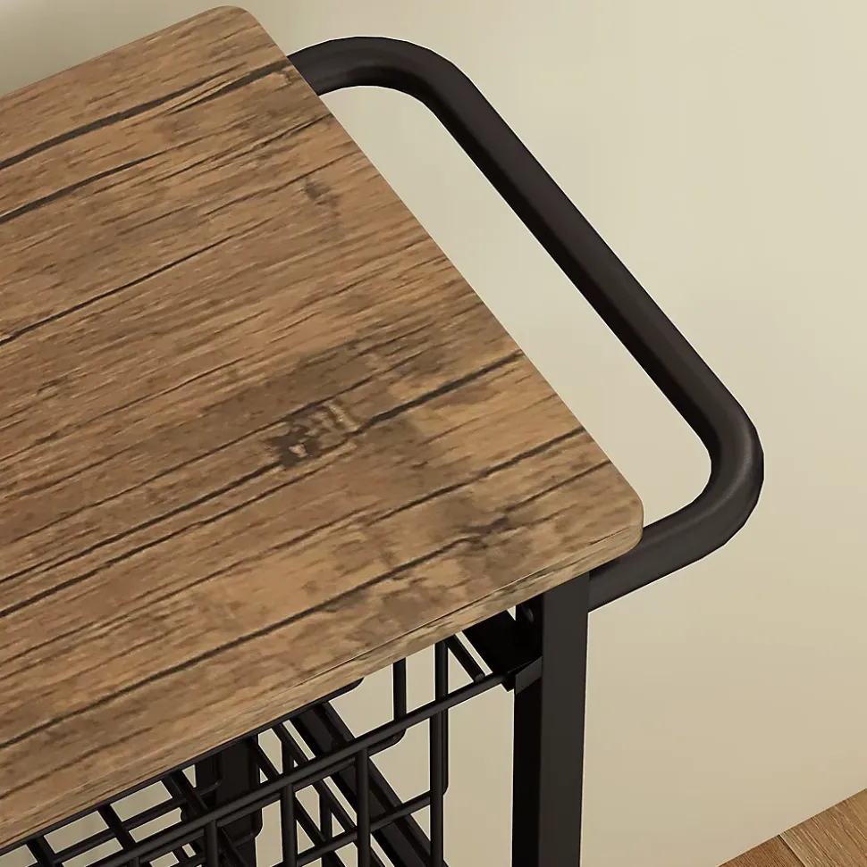 Desserte cuisine 4 paniers 4 roulettes pivotantes poignée acier noir plateau effet bois