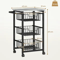 Desserte cuisine 3 paniers 4 roulettes pivotantes poignée acier noir plateau effet pierre gris clair
