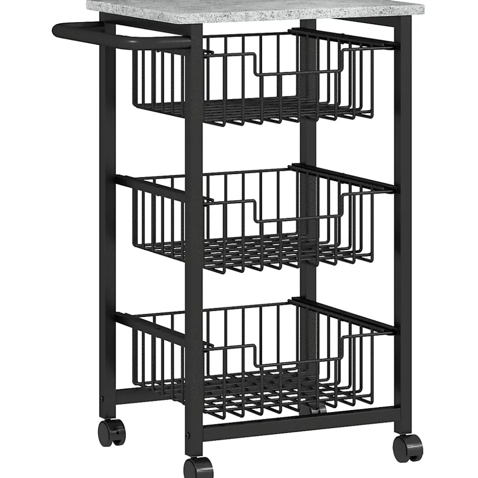 Desserte cuisine 3 paniers 4 roulettes pivotantes poignée acier noir plateau effet pierre gris clair