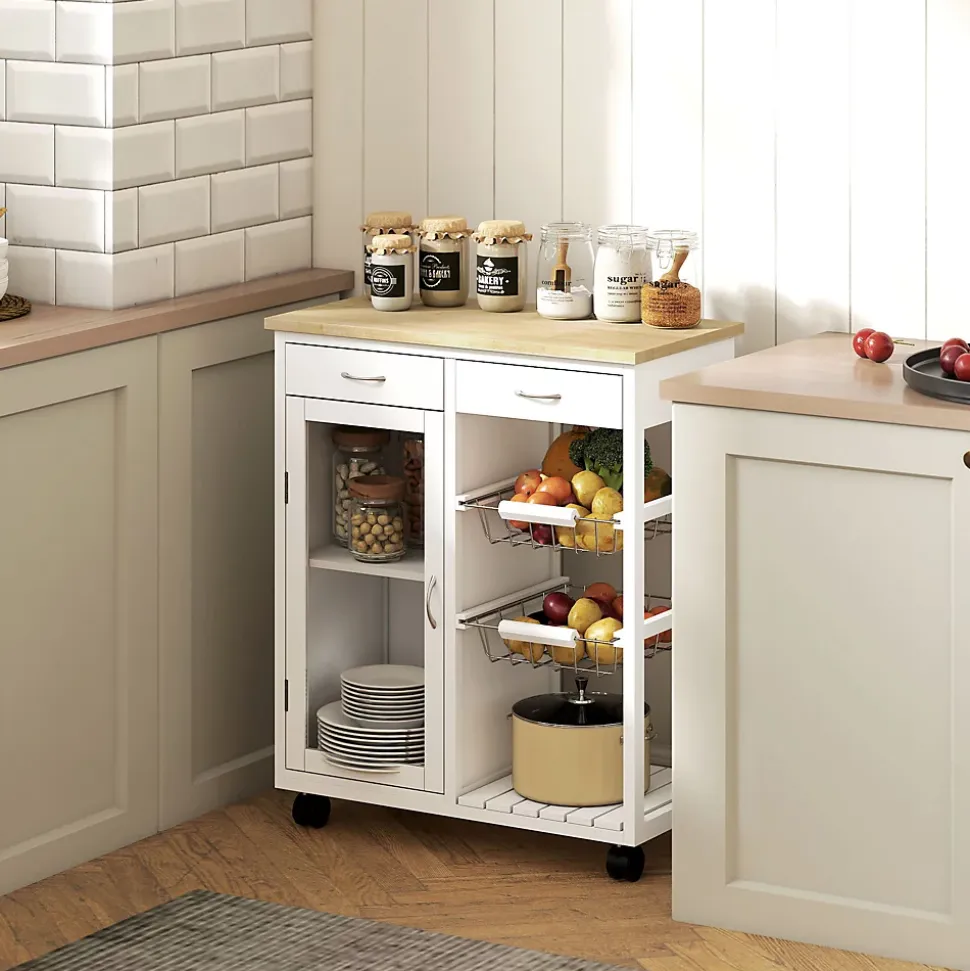 Desserte cuisine cosy plateau bambou verni - porte vitrée, 2 paniers, 2 tiroirs, 2 étagères - blanc