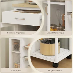 Desserte cuisine cosy plateau bambou verni - porte vitrée, 2 paniers, 2 tiroirs, 2 étagères - blanc