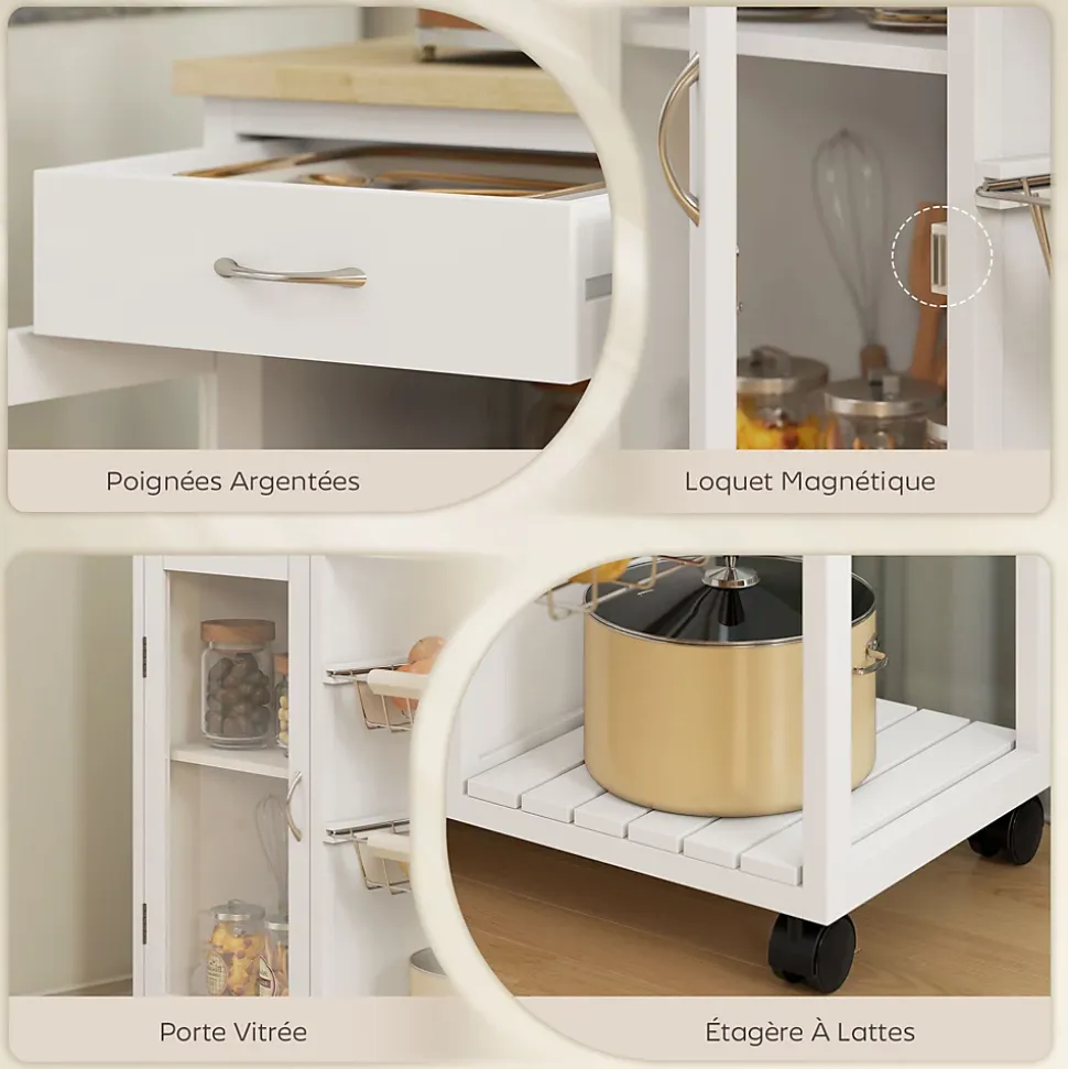 Desserte cuisine cosy plateau bambou verni - porte vitrée, 2 paniers, 2 tiroirs, 2 étagères - blanc