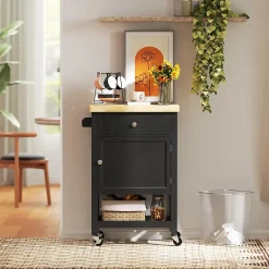 Desserte cuisine épais plateau bois clair noir tiroir placard étagère porte-serviettes