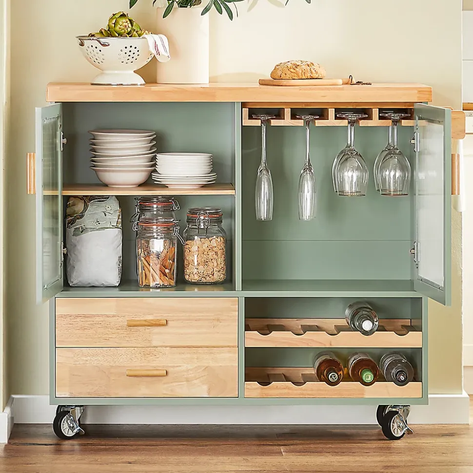 Desserte Cuisine Roulettes, Îlot Buffet,2 Portes,2 Tiroirs, Porte-Bouteilles, FKW114-GR SoBuy