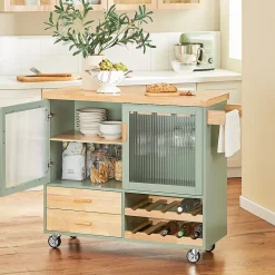 Desserte Cuisine Roulettes, Îlot Buffet,2 Portes,2 Tiroirs, Porte-Bouteilles, FKW114-GR SoBuy