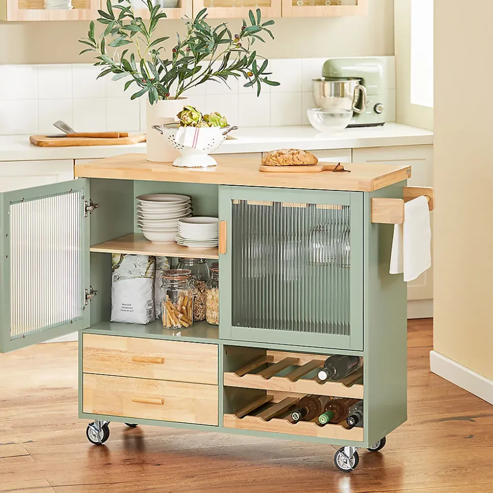 Desserte Cuisine Roulettes, Îlot Buffet,2 Portes,2 Tiroirs, Porte-Bouteilles, FKW114-GR SoBuy