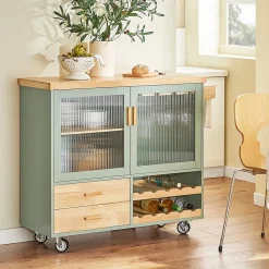 Desserte Cuisine Roulettes, Îlot Buffet,2 Portes,2 Tiroirs, Porte-Bouteilles, FKW114-GR SoBuy