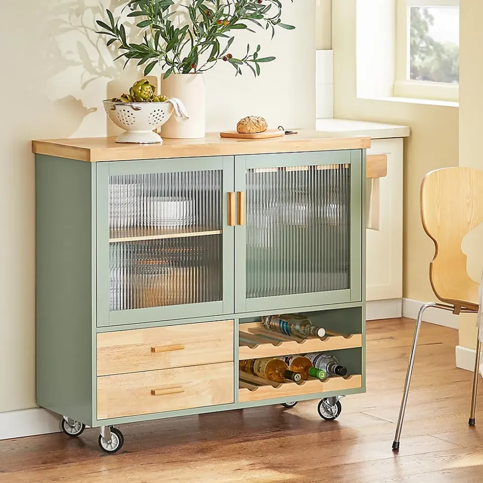 Desserte Cuisine Roulettes, Îlot Buffet,2 Portes,2 Tiroirs, Porte-Bouteilles, FKW114-GR SoBuy