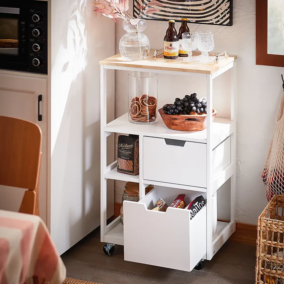 Desserte Cuisine Roulettes,Îlot Buffet,2 Tiroirs,3 Etagères,Support Épices,FKW111-WN SoBuy