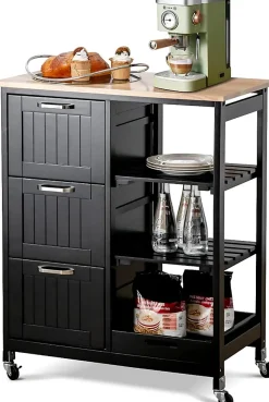 Desserte de Cuisine à roulettes Chariot de Cuisine en Bois avec 3 Tiroirs 3 étagères Plateau Amovible Noir