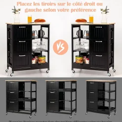 Desserte de Cuisine à roulettes Chariot de Cuisine en Bois avec 3 Tiroirs 3 étagères Plateau Amovible Noir