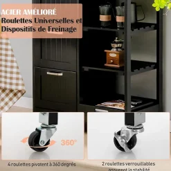 Desserte de Cuisine à roulettes Chariot de Cuisine en Bois avec 3 Tiroirs 3 étagères Plateau Amovible Noir