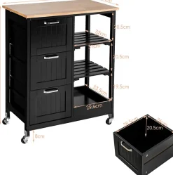 Desserte de Cuisine à roulettes Chariot de Cuisine en Bois avec 3 Tiroirs 3 étagères Plateau Amovible Noir