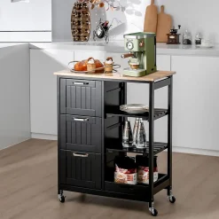 Desserte de Cuisine à roulettes Chariot de Cuisine en Bois avec 3 Tiroirs 3 étagères Plateau Amovible Noir
