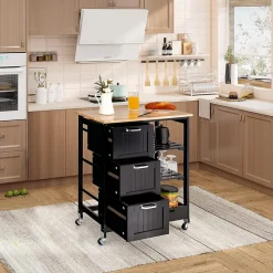 Desserte de Cuisine à roulettes Chariot de Cuisine en Bois avec 3 Tiroirs 3 étagères Plateau Amovible Noir