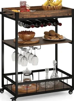 Desserte de Cuisine à Roulettes à 3 Niveaux,Chariot avec Casiers à Vin,2 Plateaux Amovibles,Charge 30KG,88x40x90cm