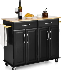 Desserte de Cuisine à Roulettes Verrouillables 2 Tiroirs 2 Porte Serviettes 2 Armoires à Double Porte Comptoir en Bois Noir