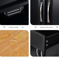 Desserte de Cuisine à Roulettes Verrouillables 2 Tiroirs 2 Porte Serviettes 2 Armoires à Double Porte Comptoir en Bois Noir