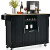 Desserte de Cuisine à Roulettes 130x74x90CM avec Plateau Pliable Porte Bouteilles 2 Armoires à Portes Poignée Noir