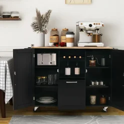 Desserte de Cuisine à Roulettes 130x74x90CM avec Plateau Pliable Porte Bouteilles 2 Armoires à Portes Poignée Noir