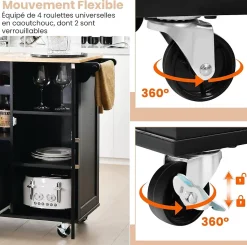 Desserte de Cuisine à Roulettes 130x74x90CM avec Plateau Pliable Porte Bouteilles 2 Armoires à Portes Poignée Noir