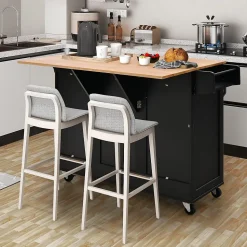 Desserte de Cuisine à Roulettes 130x74x90CM avec Plateau Pliable Porte Bouteilles 2 Armoires à Portes Poignée Noir