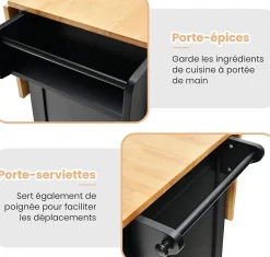 Desserte de Cuisine à Roulettes 130x74x90CM avec Plateau Pliable Porte Bouteilles 2 Armoires à Portes Poignée Noir