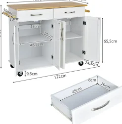 Desserte de Cuisine à Roulettes Verrouillables 2 Tiroirs 2 Porte Serviettes 2 Armoires à Double Porte Comptoir en Bois Blanc