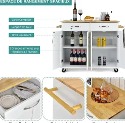 Desserte de Cuisine à Roulettes Verrouillables 2 Tiroirs 2 Porte Serviettes 2 Armoires à Double Porte Comptoir en Bois Blanc