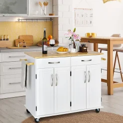 Desserte de Cuisine à Roulettes Verrouillables 2 Tiroirs 2 Porte Serviettes 2 Armoires à Double Porte Comptoir en Bois Blanc