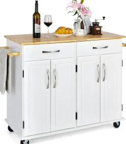 Desserte de Cuisine à Roulettes Verrouillables 2 Tiroirs 2 Porte Serviettes 2 Armoires à Double Porte Comptoir en Bois Blanc