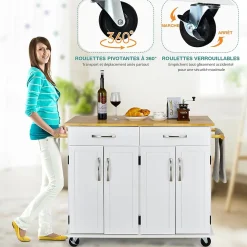 Desserte de Cuisine à Roulettes Verrouillables 2 Tiroirs 2 Porte Serviettes 2 Armoires à Double Porte Comptoir en Bois Blanc