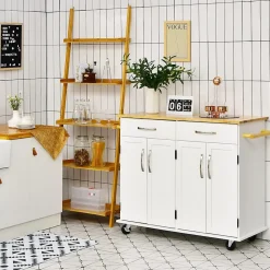 Desserte de Cuisine à Roulettes Verrouillables 2 Tiroirs 2 Porte Serviettes 2 Armoires à Double Porte Comptoir en Bois Blanc
