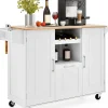 Desserte de Cuisine à Roulettes 130x74x90CM avec Plateau Pliable-Porte-Bouteilles/2 Armoires à Portes/Poignée Blanc