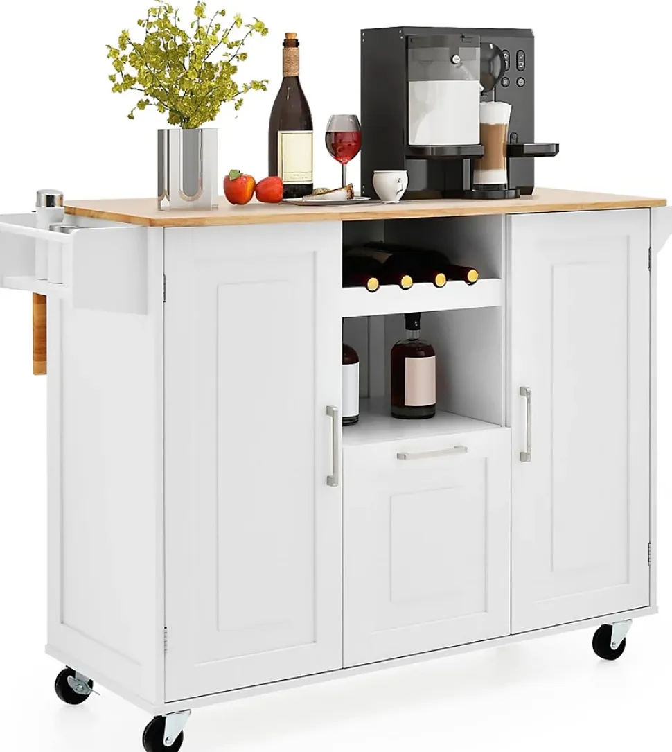 Desserte de Cuisine à Roulettes 130x74x90CM avec Plateau Pliable-Porte-Bouteilles/2 Armoires à Portes/Poignée Blanc