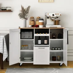 Desserte de Cuisine à Roulettes 130x74x90CM avec Plateau Pliable-Porte-Bouteilles/2 Armoires à Portes/Poignée Blanc