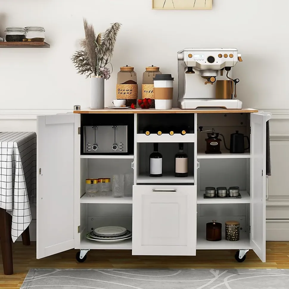 Desserte de Cuisine à Roulettes 130x74x90CM avec Plateau Pliable-Porte-Bouteilles/2 Armoires à Portes/Poignée Blanc
