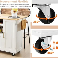 Desserte de Cuisine à Roulettes 130x74x90CM avec Plateau Pliable-Porte-Bouteilles/2 Armoires à Portes/Poignée Blanc