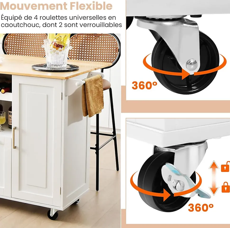 Desserte de Cuisine à Roulettes 130x74x90CM avec Plateau Pliable-Porte-Bouteilles/2 Armoires à Portes/Poignée Blanc