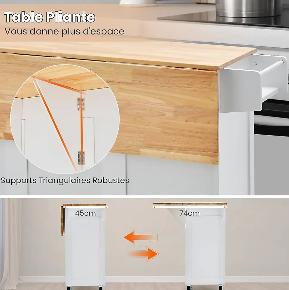 Desserte de Cuisine à Roulettes 130x74x90CM avec Plateau Pliable-Porte-Bouteilles/2 Armoires à Portes/Poignée Blanc