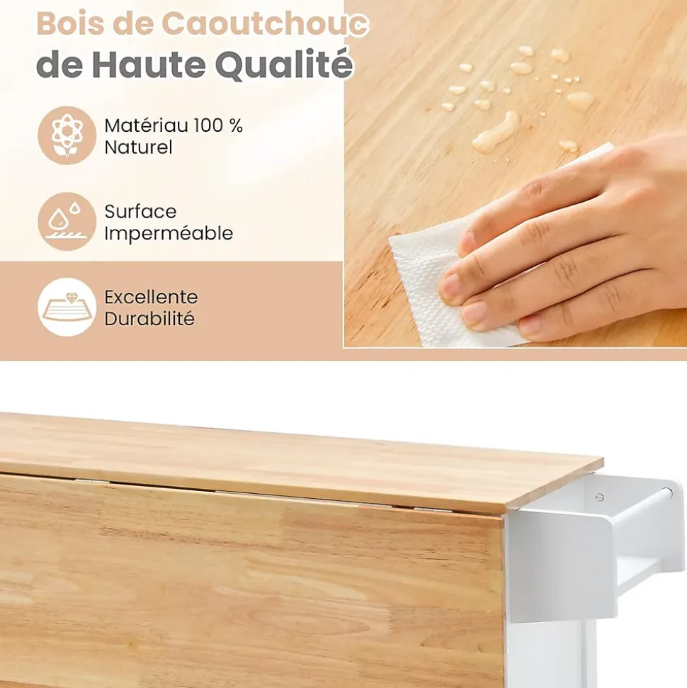 Desserte de Cuisine à Roulettes 130x74x90CM avec Plateau Pliable-Porte-Bouteilles/2 Armoires à Portes/Poignée Blanc