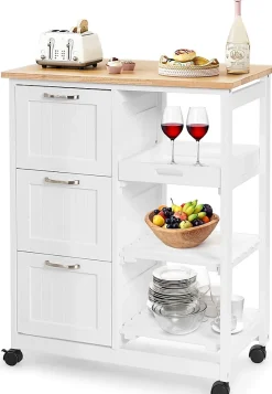 Desserte de Cuisine a roulettes avec 3 Tiroirs et 3 Niveaux Chariot de Cuisine en Bois avec 1 Plateau Amovible et Frein