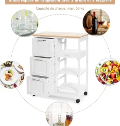 Desserte de Cuisine a roulettes avec 3 Tiroirs et 3 Niveaux Chariot de Cuisine en Bois avec 1 Plateau Amovible et Frein