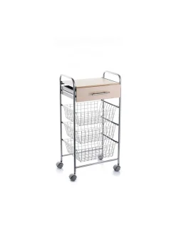 Desserte de cuisine ALESIA, 3 paniers, tiroir et plateau hêtre, Gris aluminium