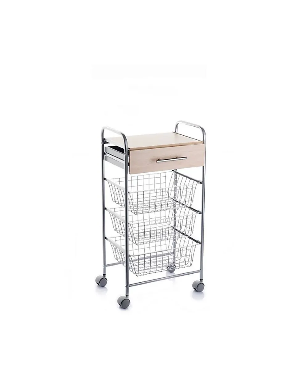 Desserte de cuisine ALESIA, 3 paniers, tiroir et plateau hêtre, Gris aluminium