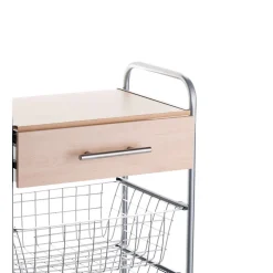 Desserte de cuisine ALESIA, 3 paniers, tiroir et plateau hêtre, Gris aluminium